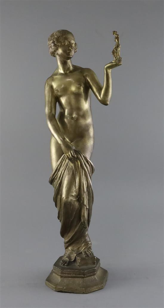 Joseph-Emmanuel Descombs Cormier (1869-1950). A bronze figure of Venus standing holding a matching statue, 18.25in.